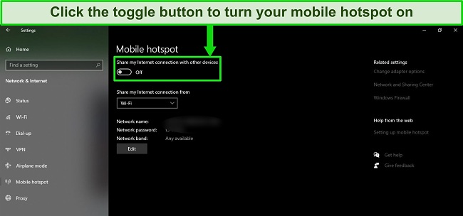 Screenshot of the Mobile Hotspot option on Windows OS