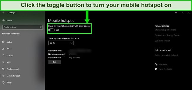 Screenshot of the Mobile Hotspot option on Windows OS