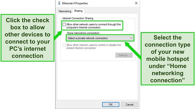 Screenshot of the Ethernet and Properties pop-up window on Windows OS