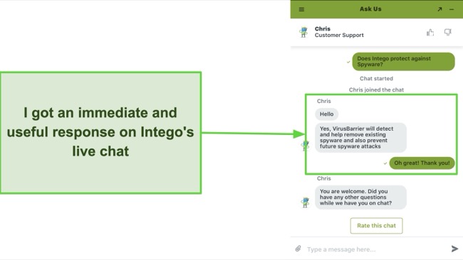 Screenshot of Intego's live chat