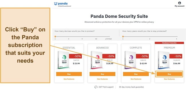 Screenshot showing how to choose a Panda subscription