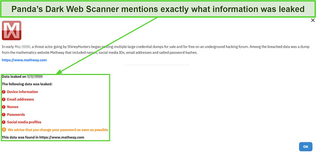Screenshot of Panda's Dark Web Scanner's scan results