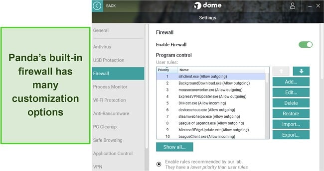 Screenshot of Panda's firewall customization