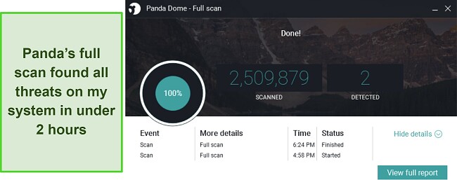 Screenshot of Panda's full scan results