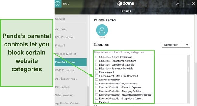 Screenshot of the customization options in Panda's parental controls