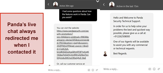 Screenshot of a conversation with Panda's live chat support