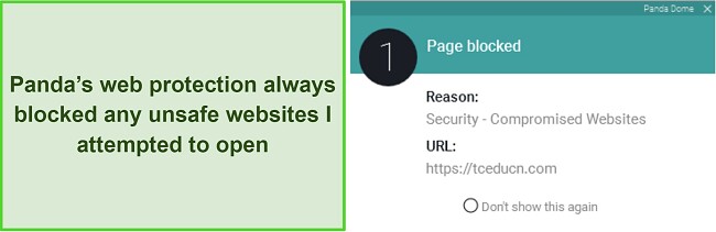 Screenshot of Panda's web protection blocking an unsafe site