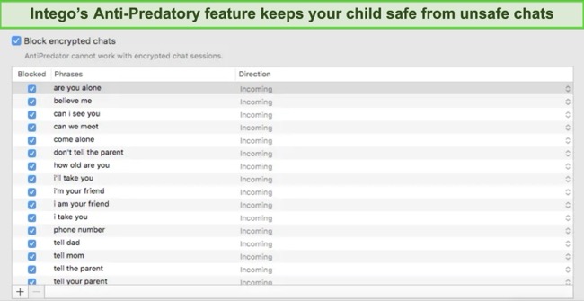 Screenshot of Intego's chat filter containing a list of predatory phrases
