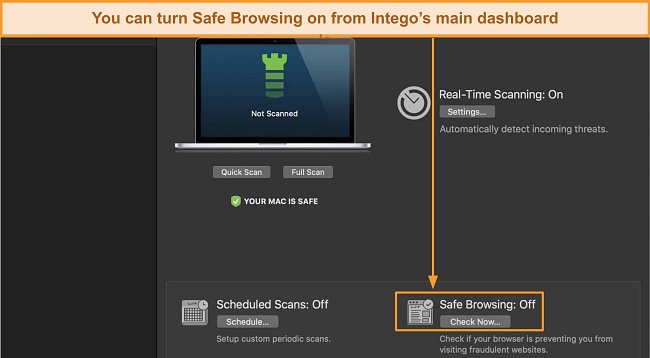 Screenshot of Intego's Safe Browsing feature on its dashboard