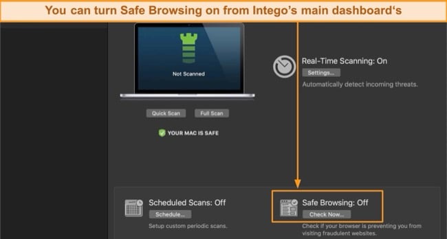 Screenshot of Intego's Safe Browsing feature on its dashboard