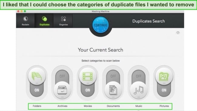 Screenshot of Intego Washing Machine's Duplicate mode category selection