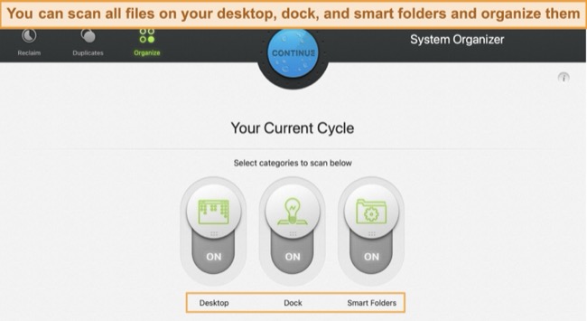 Screenshot of Intego Washing Machine's organize mode dashboard