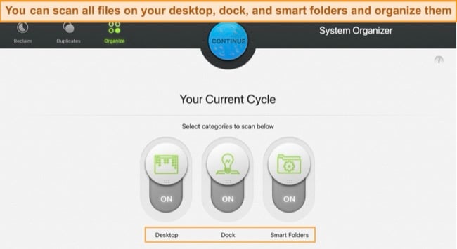 Screenshot of Intego Washing Machine's organize mode dashboard