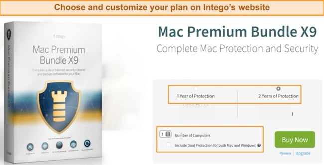 Screenshot of Intego's product plan website page