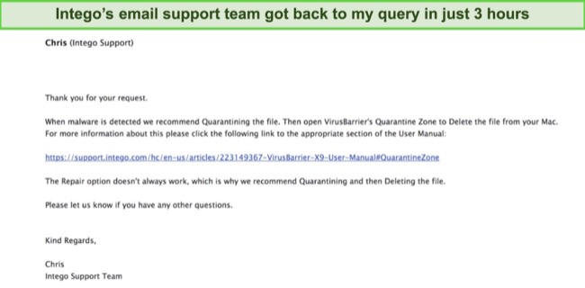 Screenshot of Intego's email support team replying to a query