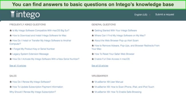 Screenshot of Intego's knowledge base section