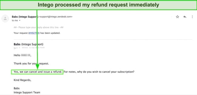 Screenshot of Intego's customer support team approving a refund request