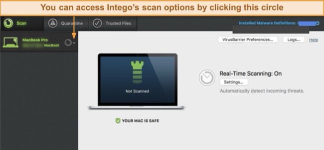Screenshot of where to find Intego's quick and full scan options