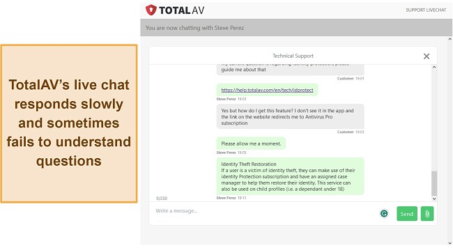 Screenshot of a conversation with TotalAV's live chat support