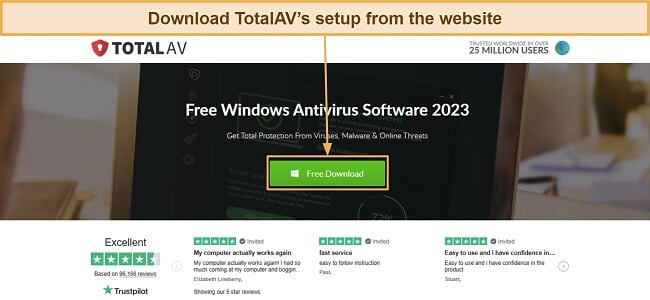 Screenshot showing how to download TotalAV's setup
