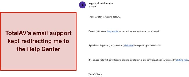 Screenshot of a response from TotalAV's email support