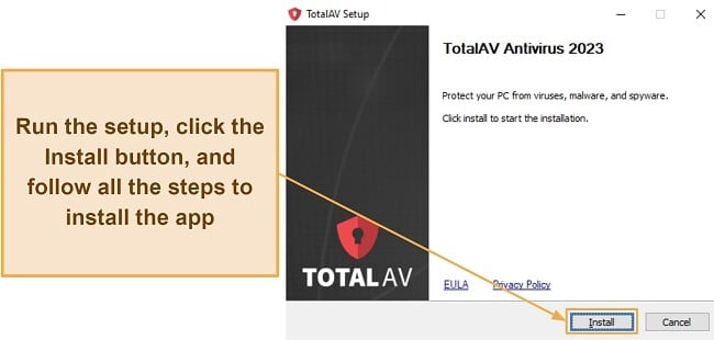 Screenshot showing how to start installing TotalAV on Windows