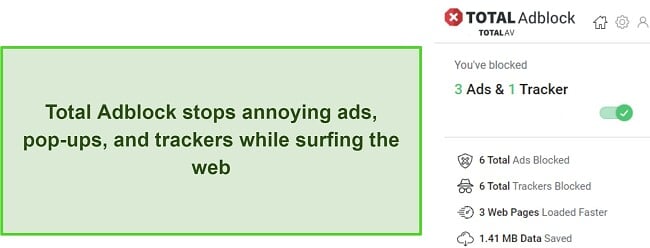 Screenshot showing the ads and trackers blocked by Total Adblock