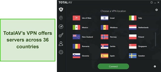 Screenshot from a TotalAV review highlighting the TotalAV VPN's available locations, demonstrating the extensive global server network for users to choose from.