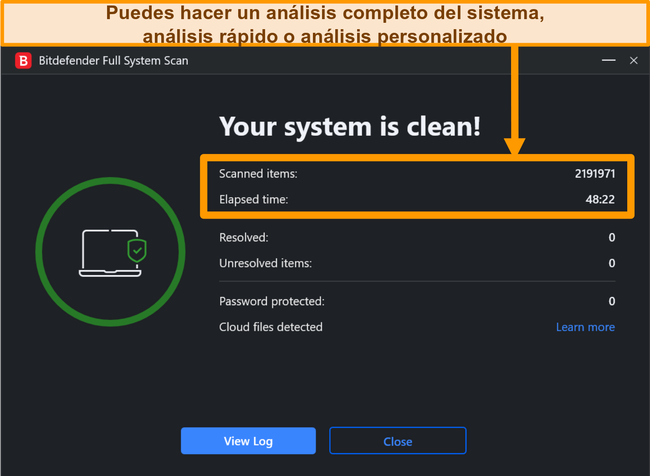 Captura de pantalla de un análisis del sistema Bitdefender completado.