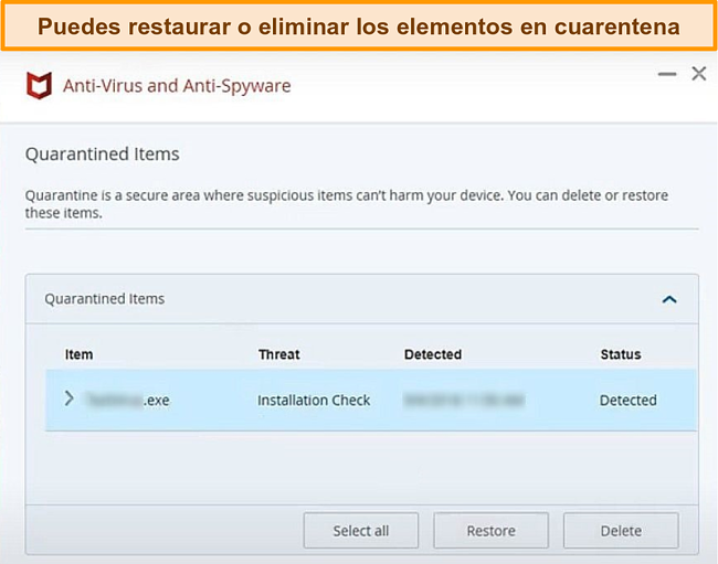 Captura de pantalla de la función de cuarentena de McAfee