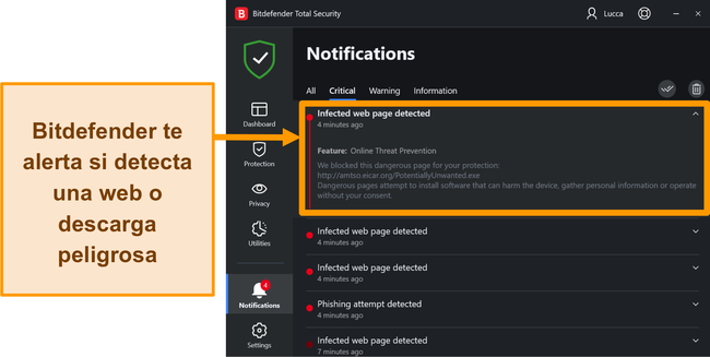Notificaciones de amenazas de escritorio de Bitdefender.