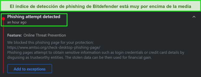 Advertencia de phishing de escritorio de Bitdefender.