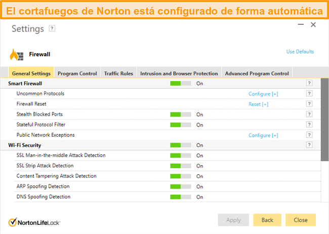 Captura de pantalla de la configuración del firewall de Norton 360 en Windows.