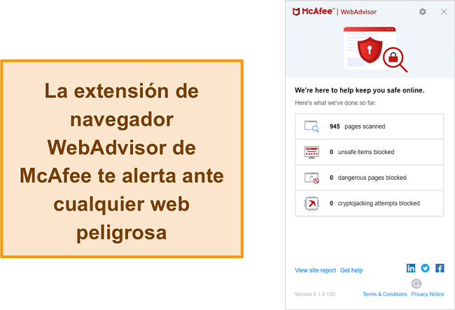 Captura de pantalla de la función WebAdvisor en el sitio web de McAfee