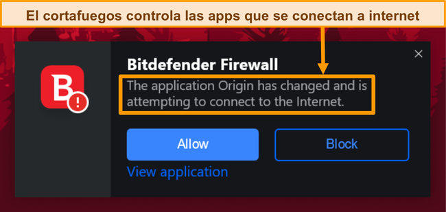 Captura de pantalla de una notificación de firewall de Bitdefender.
