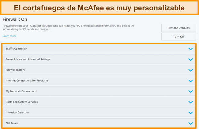 Captura de pantalla de las funciones de McAfee Firewall