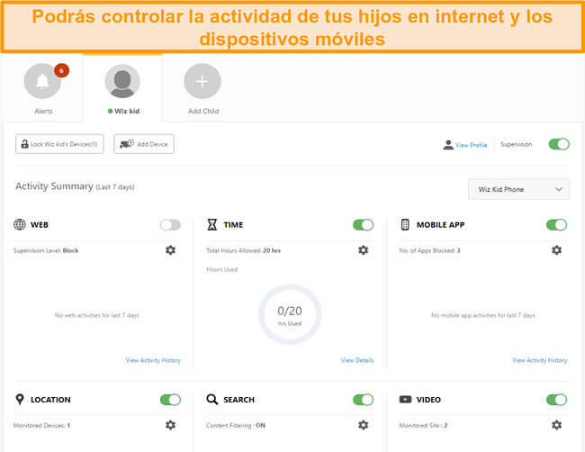 Captura de pantalla de la configuración de control parental de Norton 360.