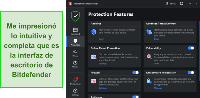 Interfaz de escritorio de Bitdefender