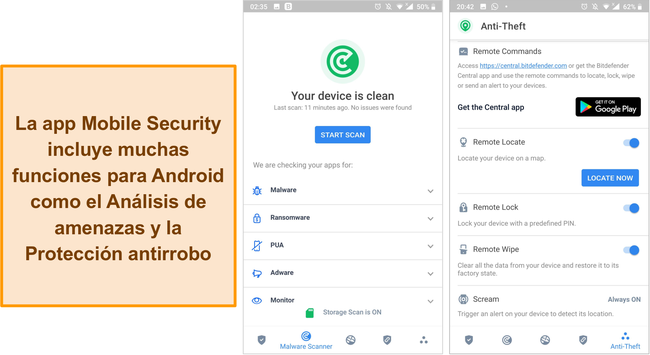 Captura de pantalla de la aplicación Mobile Security de Bitdefender.