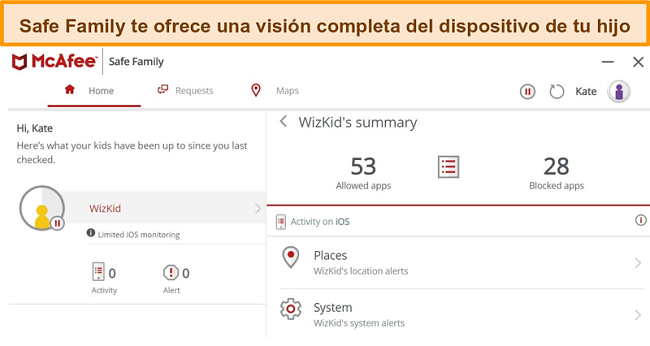 Captura de pantalla de la función de control parental de McAfee Safe Family vinculada a un iPhone