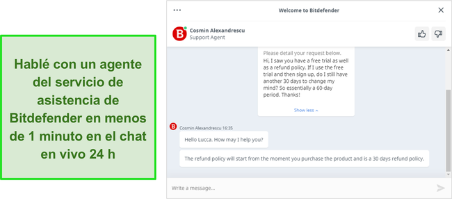 Captura de pantalla del chat en vivo de Bitdefender.