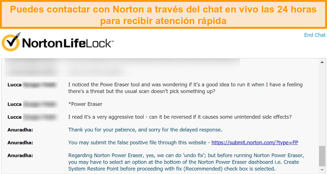 Captura de pantalla de una conversación con un agente de atención al cliente de Norton a través del chat en vivo.