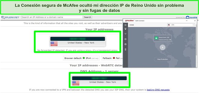 ￼Captura de pantalla de la prueba de fugas de IP sin fugas de datos con McAfee Safe Connect conectado a un servidor de EE. UU.