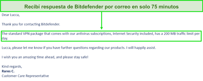 Captura de pantalla de un correo electrónico de soporte de Bitdefender.