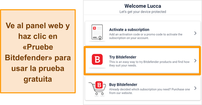 Captura de pantalla de cómo iniciar una prueba de Bitdefender desde su panel web de Bitdefender Central.