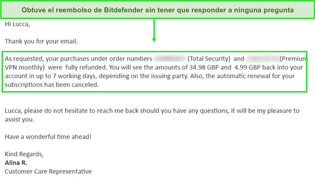 Captura de pantalla de un correo electrónico de solicitud de reembolso exitoso de un agente de soporte de Bitdefender.