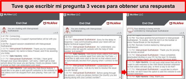 Captura de pantalla del chat en vivo de McAfee que intenta resolver una pregunta técnica