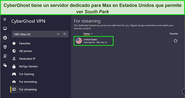 Imagen de la aplicación de Windows de CyberGhost, destacando el servidor de streaming dedicado HBO Max.