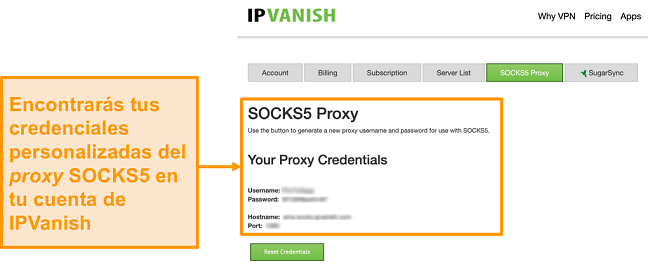 Captura de pantalla de las credenciales gratuitas del servidor proxy SOCKS5 de IPVanish en el sitio web