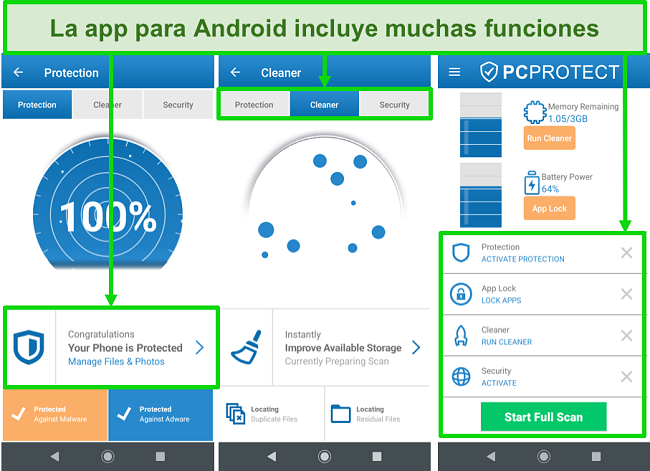 Captura de pantalla de la aplicación de Android de PC Protect que ofrece muchas funciones.